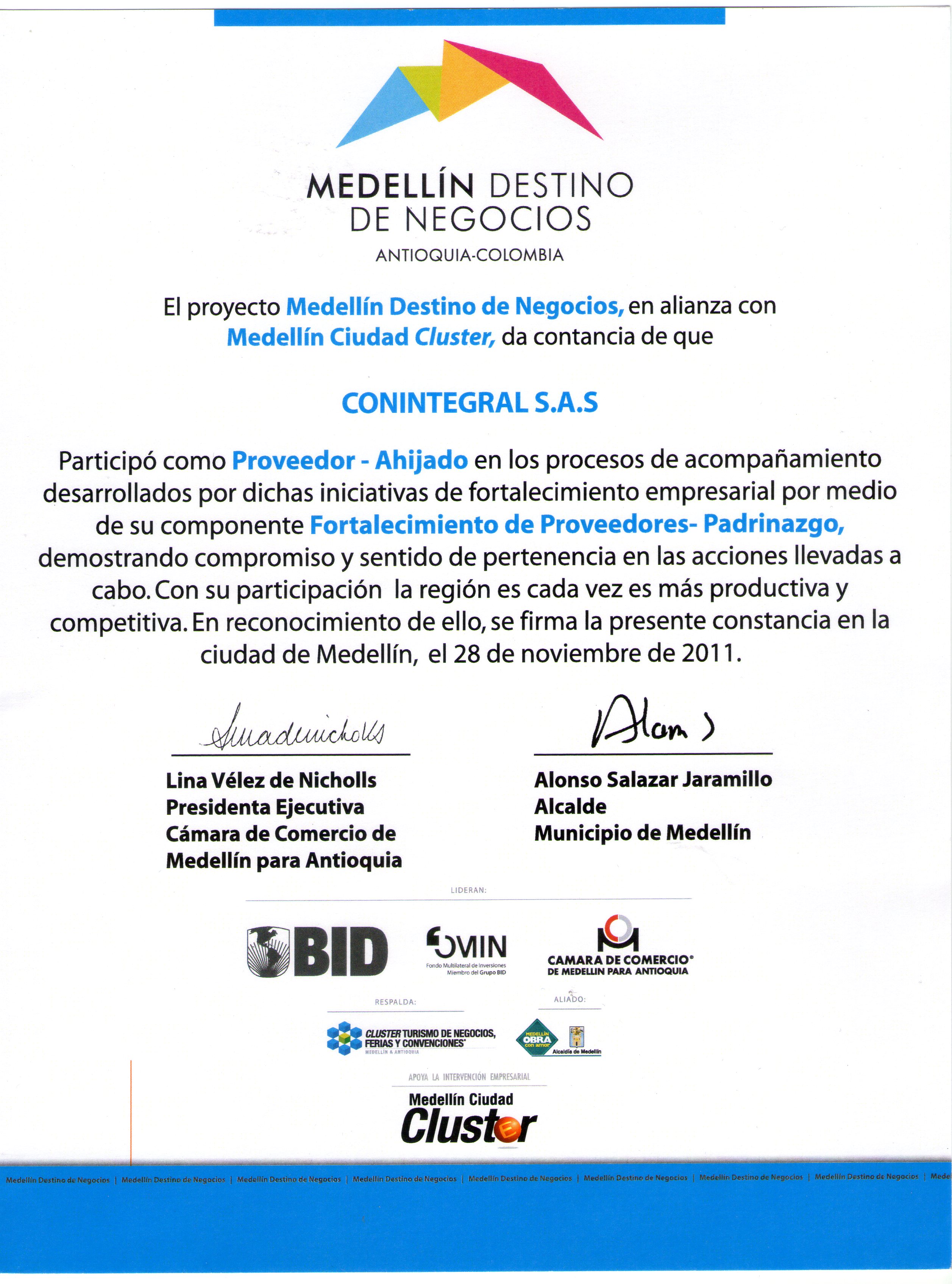 Conintegral, participante del proyecto de fortalecimiento a proveedores – Cámara de Comercio de Medellín